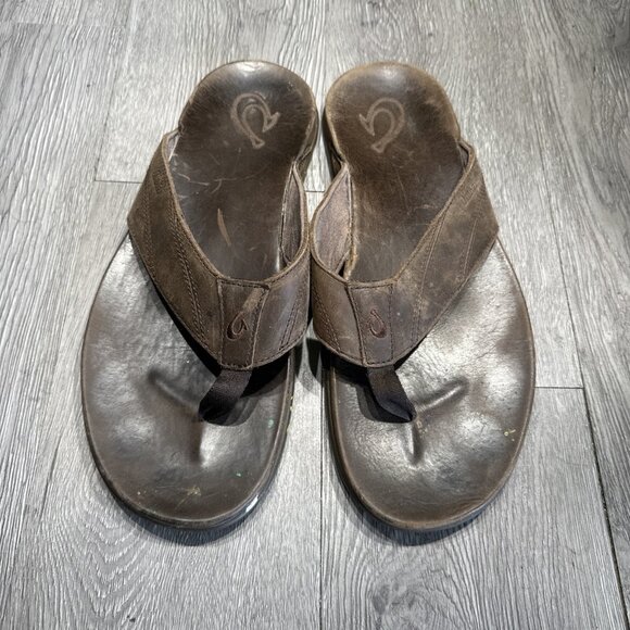 Olukai Pikoi Dark Wood Men’s Size 13 M Brown Leather Thong Sandals Flip Flops main image 11